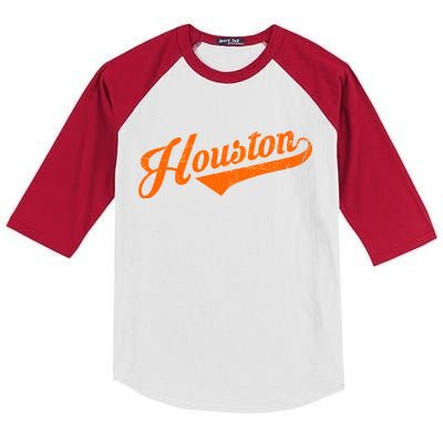 Houston, Texas City Vintage Baseball Script Kids Colorblock Raglan Jersey