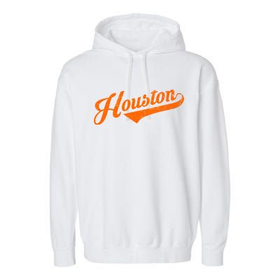 Houston, Texas City Vintage Baseball Script Garment-Dyed Fleece Hoodie