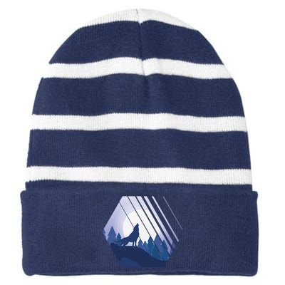 Howling Wolf Striped Beanie with Solid Band