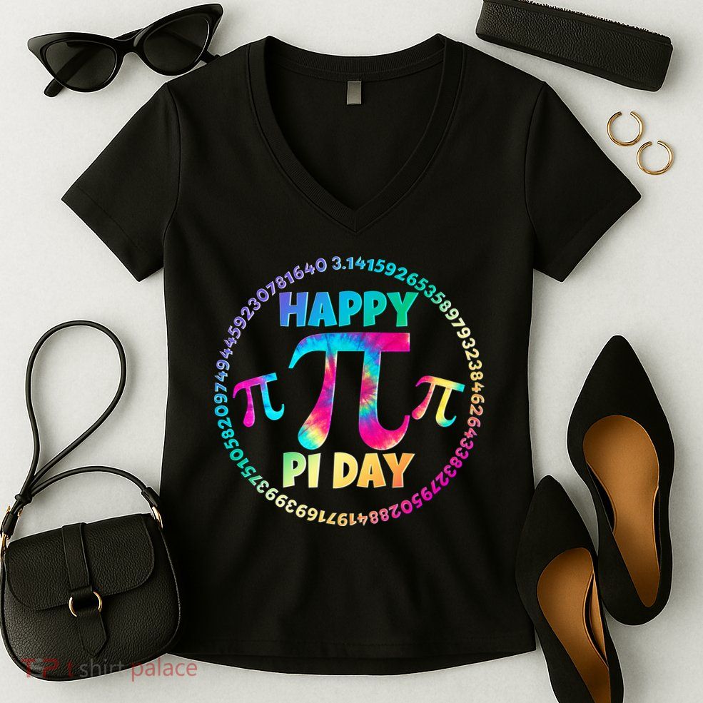 Happy Pi 3.14 Day Rainbow Tie Dye Women's V-Neck T-Shirt
