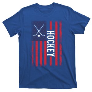 Hockey Puck And Sticks Ice Hockey Cute Gift American Flag Cool Gift T-Shirt