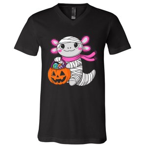 Halloween Pumpkin Axolotl Mummy V-Neck T-Shirt