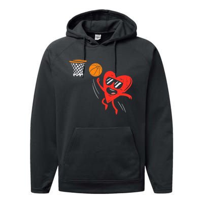 Heart Playing Basketball Cute Valentines Day Sports Boys Performance Fleece Hoodie