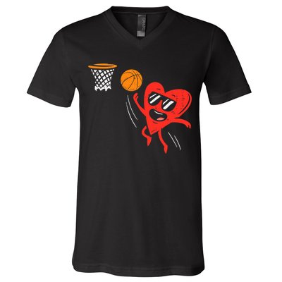Heart Playing Basketball Cute Valentines Day Sports Boys V-Neck T-Shirt