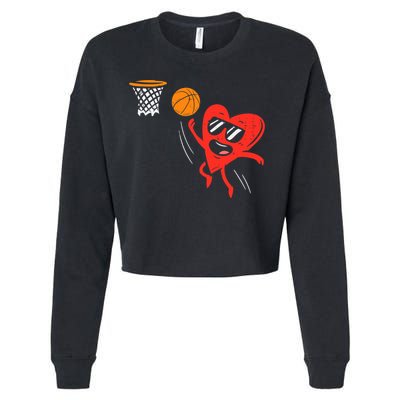 Heart Playing Basketball Cute Valentines Day Sports Boys Cropped Pullover Crew