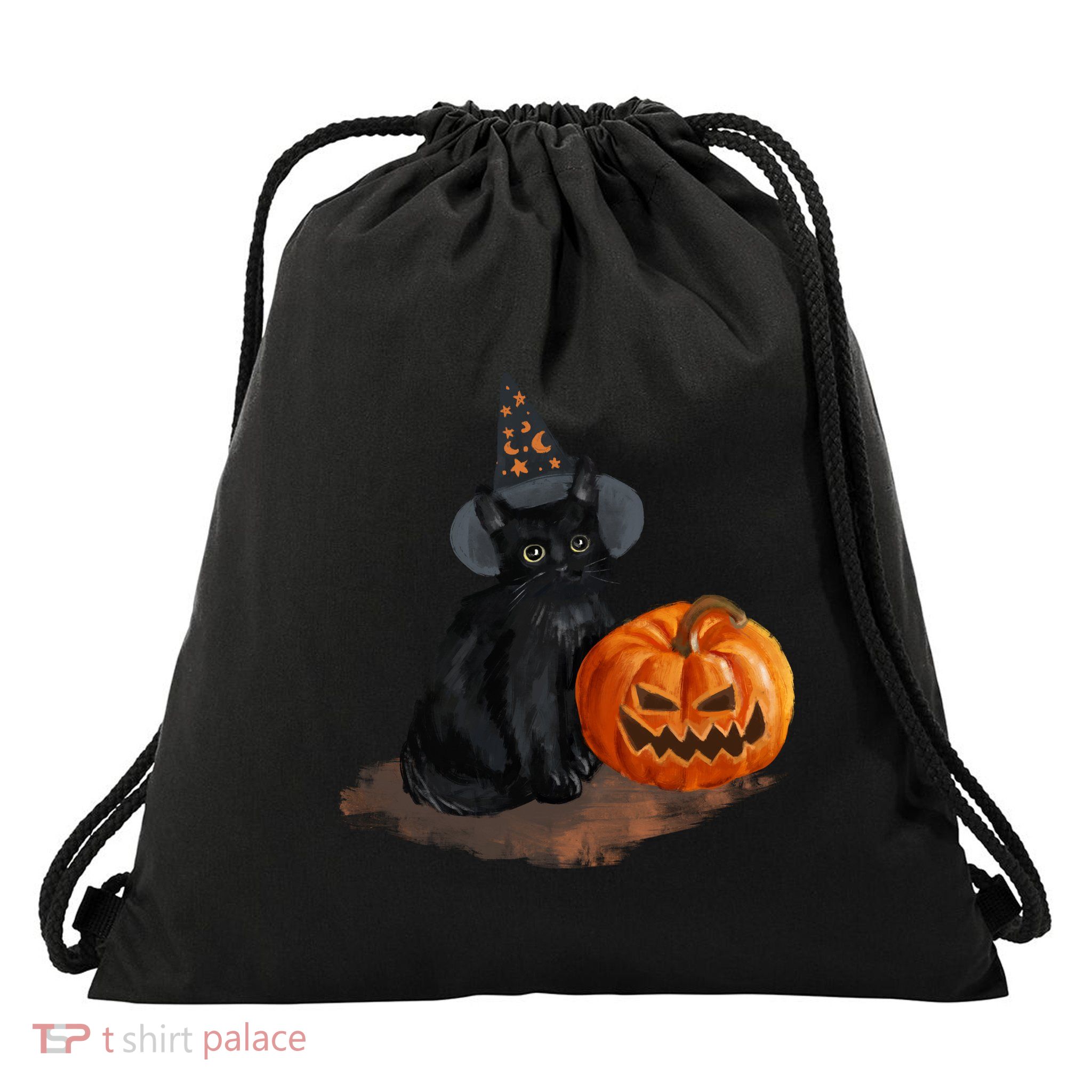 Halloween Pumpkin Black Cat Drawstring Bag