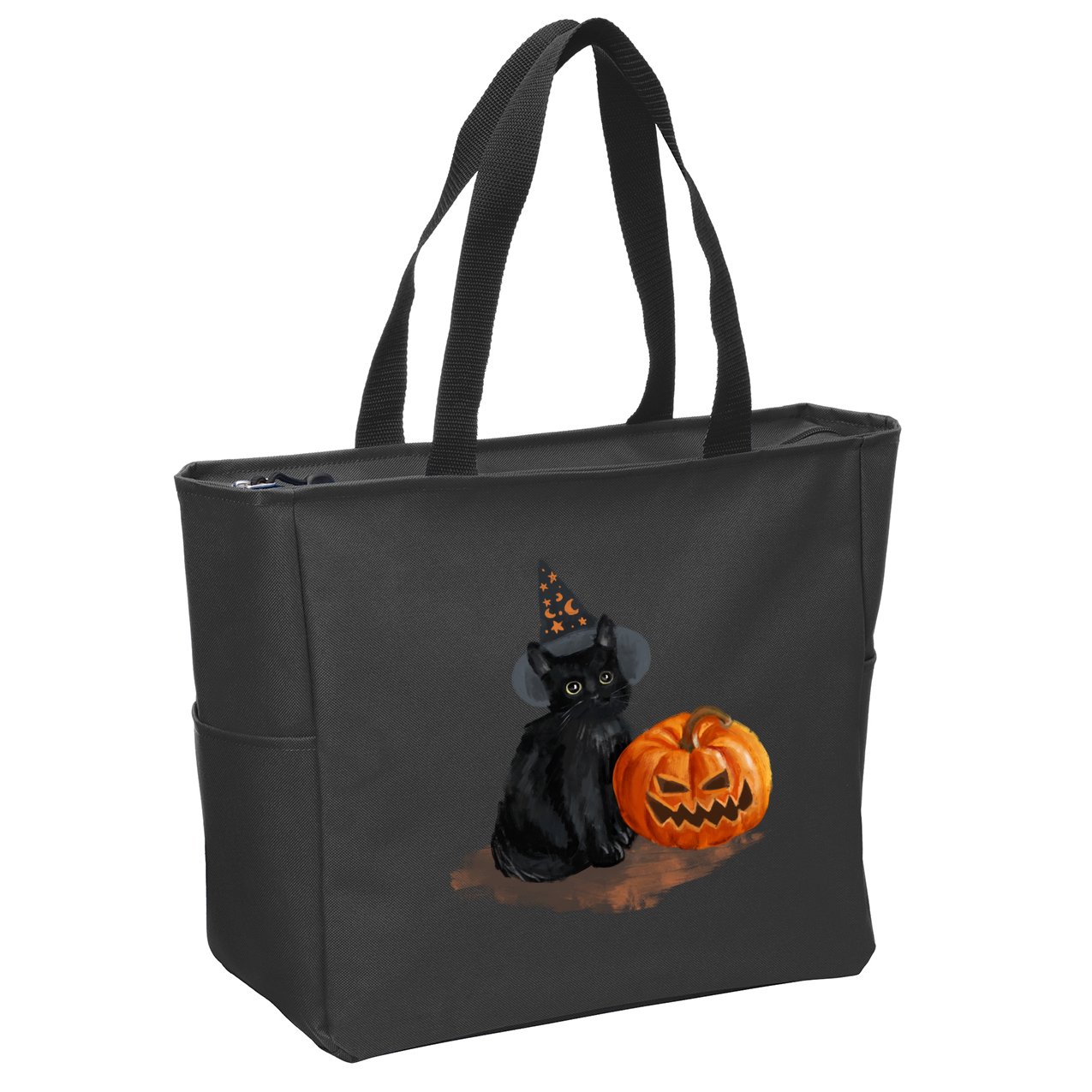 Halloween Pumpkin Black Cat Zip Tote Bag