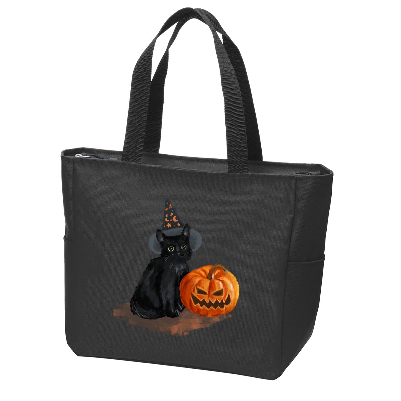 Halloween Pumpkin Black Cat Zip Tote Bag