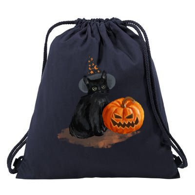 Halloween Pumpkin Black Cat Drawstring Bag