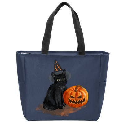 Halloween Pumpkin Black Cat Zip Tote Bag