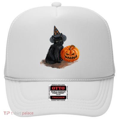 Halloween Pumpkin Black Cat High Crown Mesh Back Trucker Hat