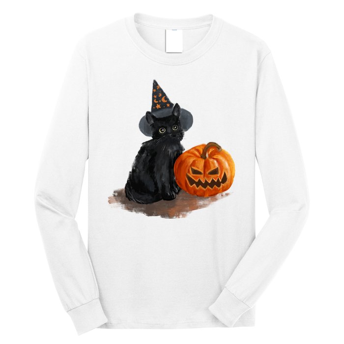 Halloween Pumpkin Black Cat Long Sleeve Shirt