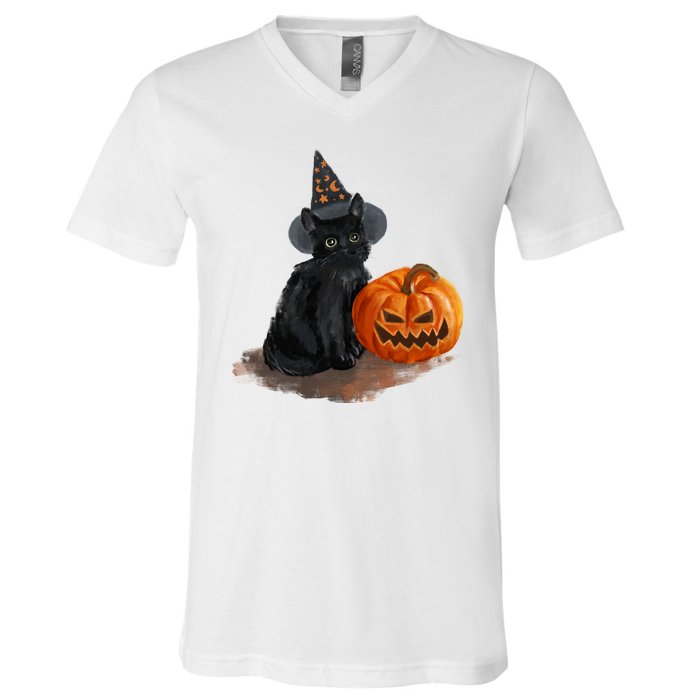 Halloween Pumpkin Black Cat V-Neck T-Shirt