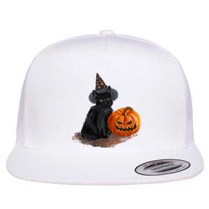 Halloween Pumpkin Black Cat Flat Bill Trucker Hat