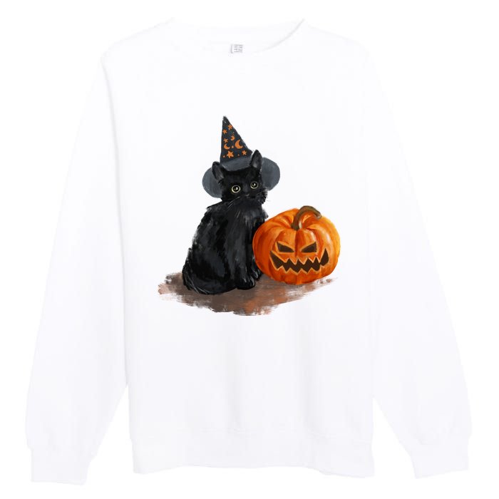 Halloween Pumpkin Black Cat Premium Crewneck Sweatshirt