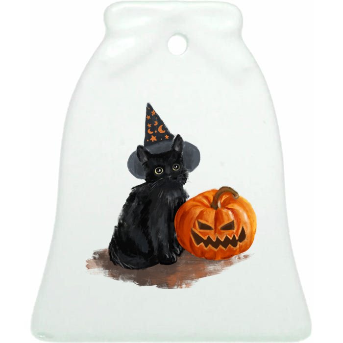 Halloween Pumpkin Black Cat Ceramic Bell Ornament