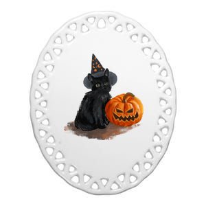 Halloween Pumpkin Black Cat Ceramic Oval Ornament