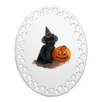 Halloween Pumpkin Black Cat Ceramic Oval Ornament