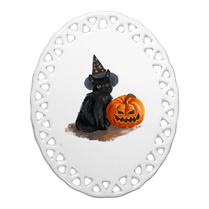 Halloween Pumpkin Black Cat Ceramic Oval Ornament