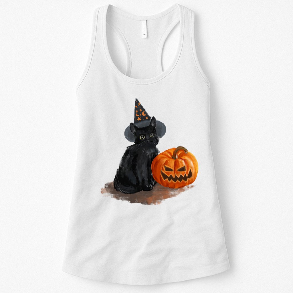 Halloween Pumpkin Black Cat Womens Tank Top