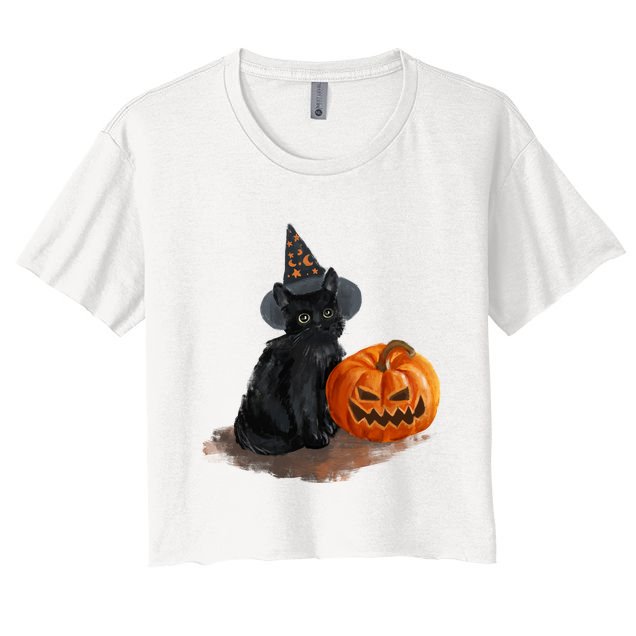 Halloween Pumpkin Black Cat Crop Top