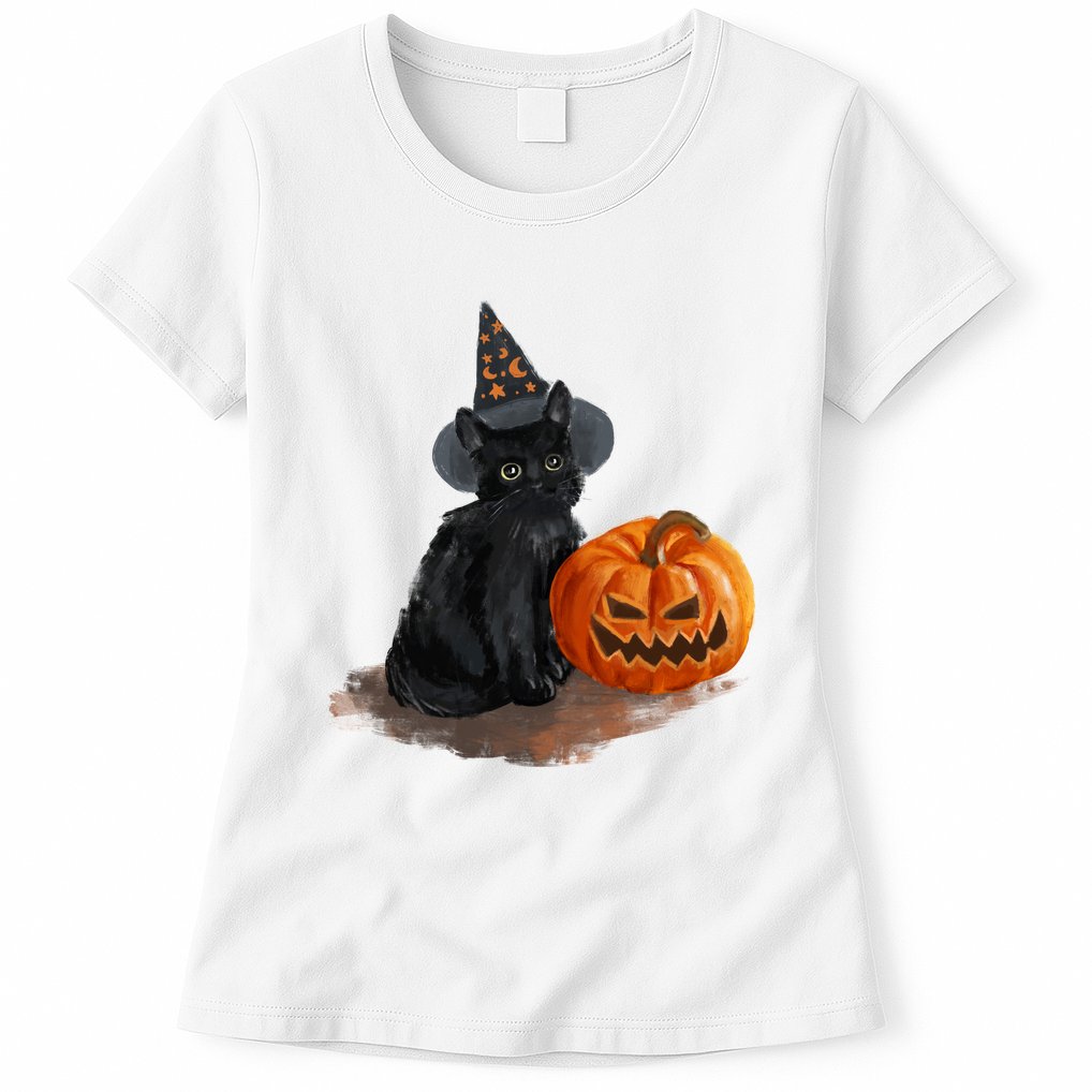 Halloween Pumpkin Black Cat Womens T-Shirt