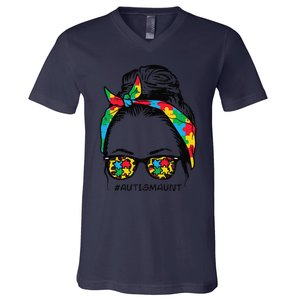 Hairbun Puzzle Bandana Sunglasses Autism Aunt Awareness V-Neck T-Shirt