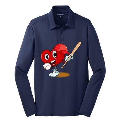 Heart Playing Baseball Valentines Day Sports Boy Silk Touch Performance Long Sleeve Polo