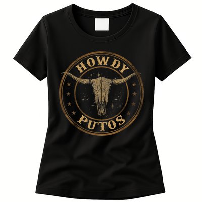 Howdy Putos Bull Skull Country Cowboy Western Womens T-Shirt