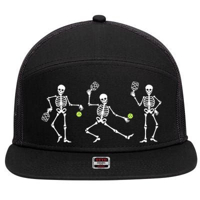 Halloween Pickleball Costume Skeletons Playing Pickleball 7 Panel Mesh Trucker Snapback Hat