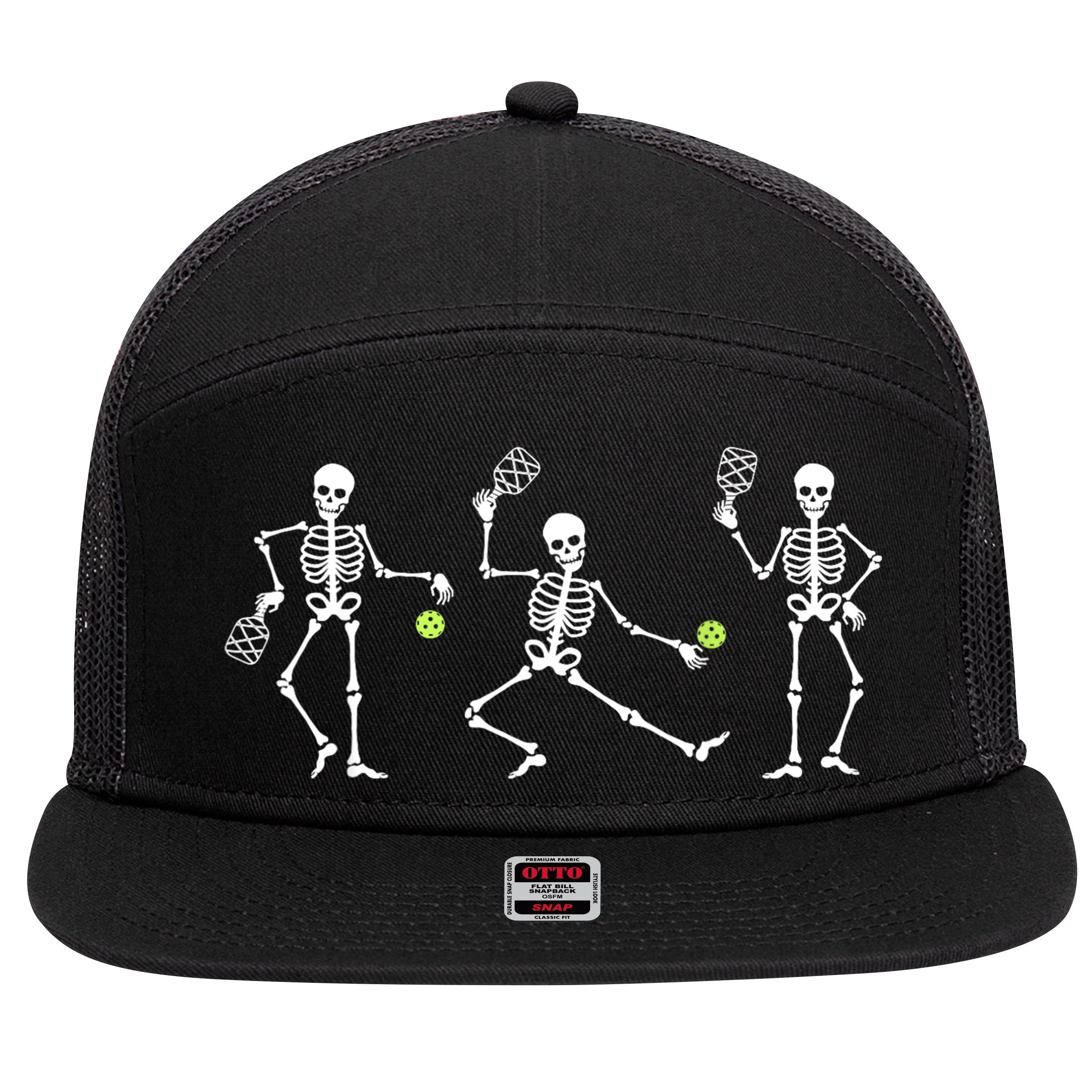 Halloween Pickleball Costume Skeletons Playing Pickleball 7 Panel Mesh Trucker Snapback Hat
