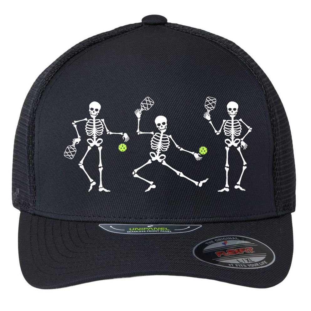 Halloween Pickleball Costume Skeletons Playing Pickleball Flexfit Unipanel Trucker Cap