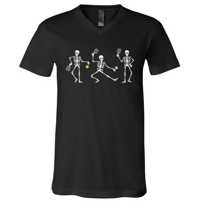 Halloween Pickleball Costume Skeletons Playing Pickleball V-Neck T-Shirt