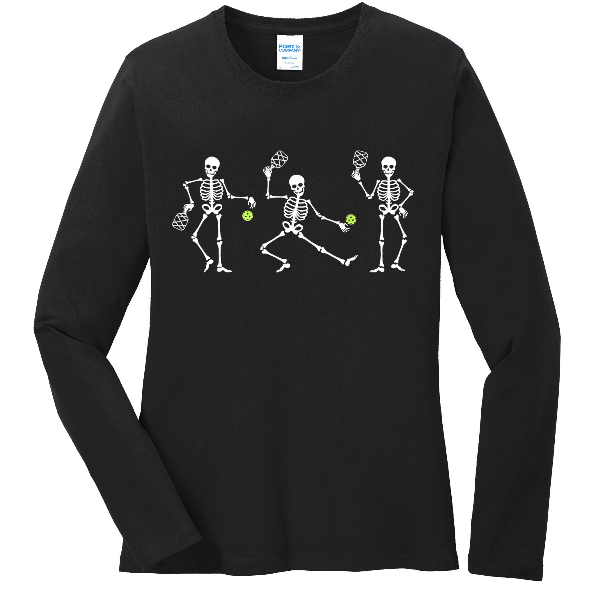 Halloween Pickleball Costume Skeletons Playing Pickleball Ladies Long Sleeve Shirt