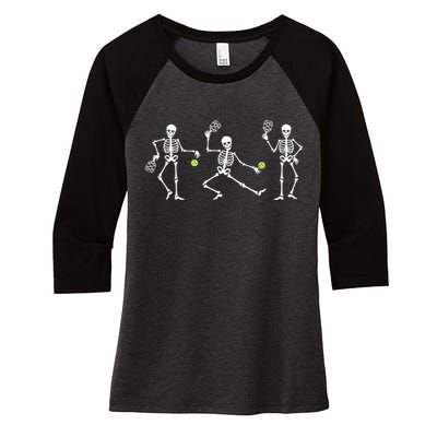 Halloween Pickleball Costume Skeletons Playing Pickleball Women's Tri-Blend 3/4-Sleeve Raglan Shirt