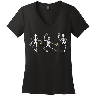 Halloween Pickleball Costume Skeletons Playing Pickleball Women's V-Neck T-Shirt