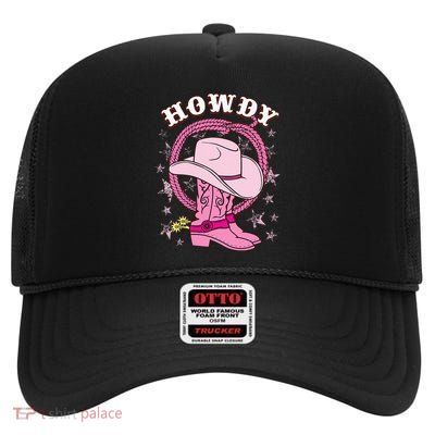 Howdy Pink Cowboy Hat Boots Country Western Rodeo High Crown Mesh Back Trucker Hat
