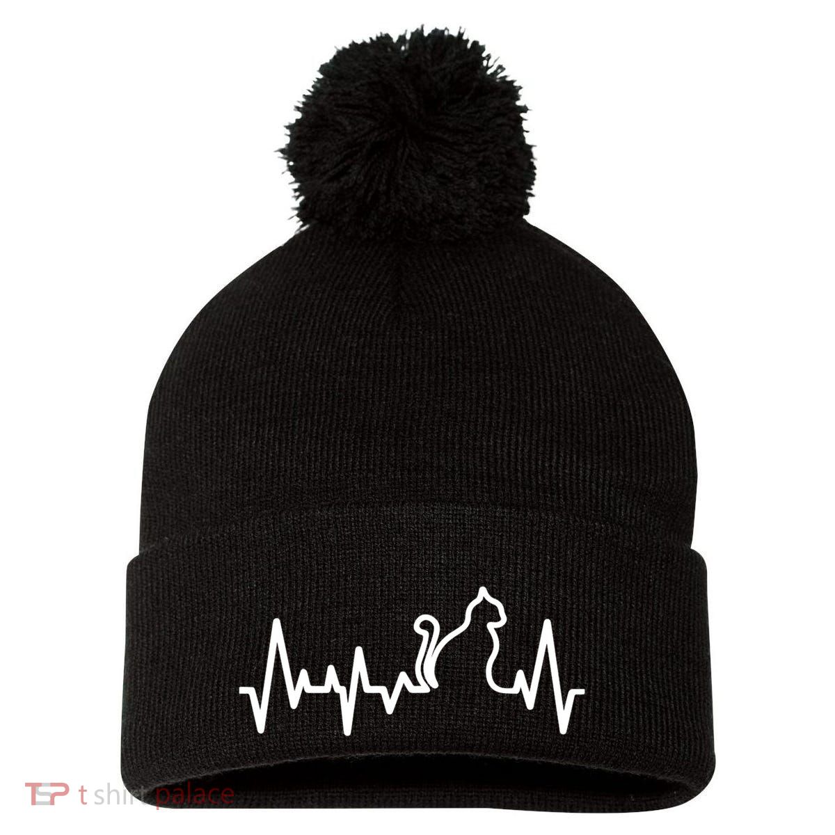 Heartbeat Pulse Cat Pom Pom 12in Knit Beanie