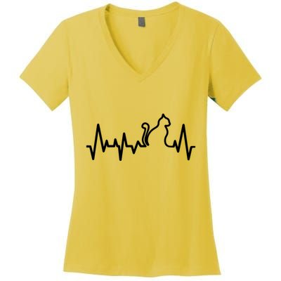 Heartbeat Pulse Cat Women's V-Neck T-Shirt