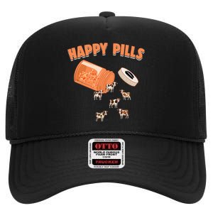 Happy Pills Cow Funny Livestock Farm Animal Lovers Novelty High Crown Mesh Back Trucker Hat