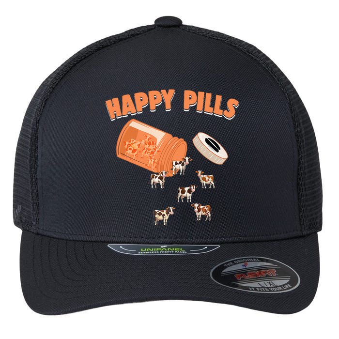 Happy Pills Cow Funny Livestock Farm Animal Lovers Novelty Flexfit Unipanel Trucker Cap