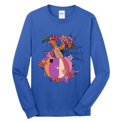 Howdy Pumpkin Cow Pumpkin Spooky Vibes Hippie Halloween Gift Tall Long Sleeve T-Shirt