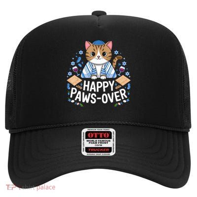 Happy Pawsover Cat Lover Funny Cat Passover Seder Jewish  High Crown Mesh Back Trucker Hat