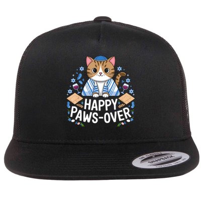 Happy Pawsover Cat Lover Funny Cat Passover Seder Jewish  Flat Bill Trucker Hat
