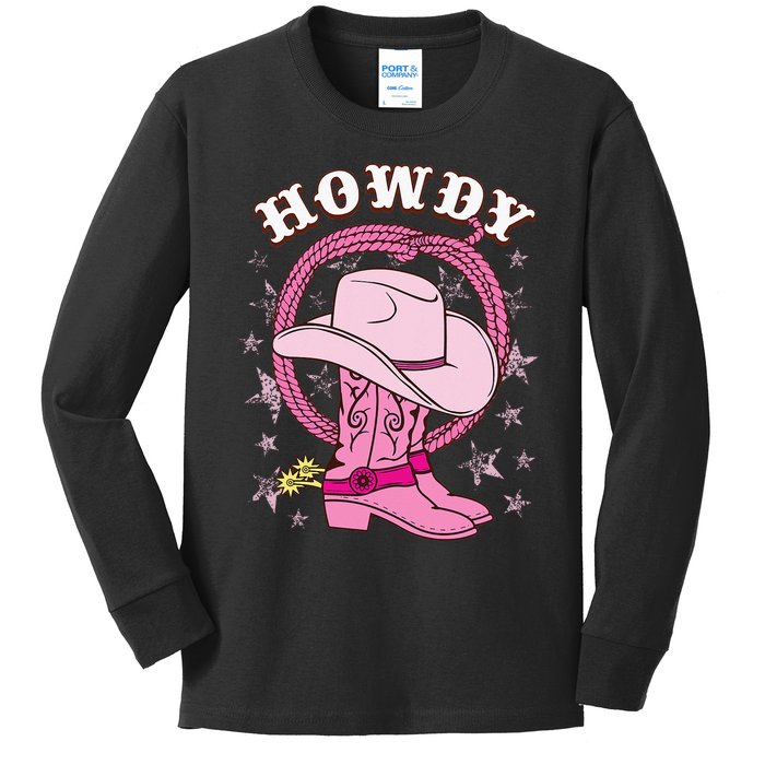 Howdy Pink Cowboy Hat Boots Country Western Rodeo Kids Long Sleeve Shirt