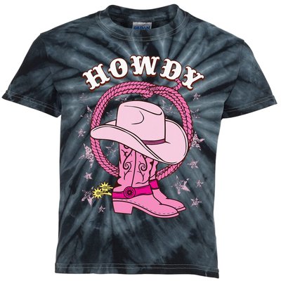 Howdy Pink Cowboy Hat Boots Country Western Rodeo Kids Tie-Dye T-Shirt