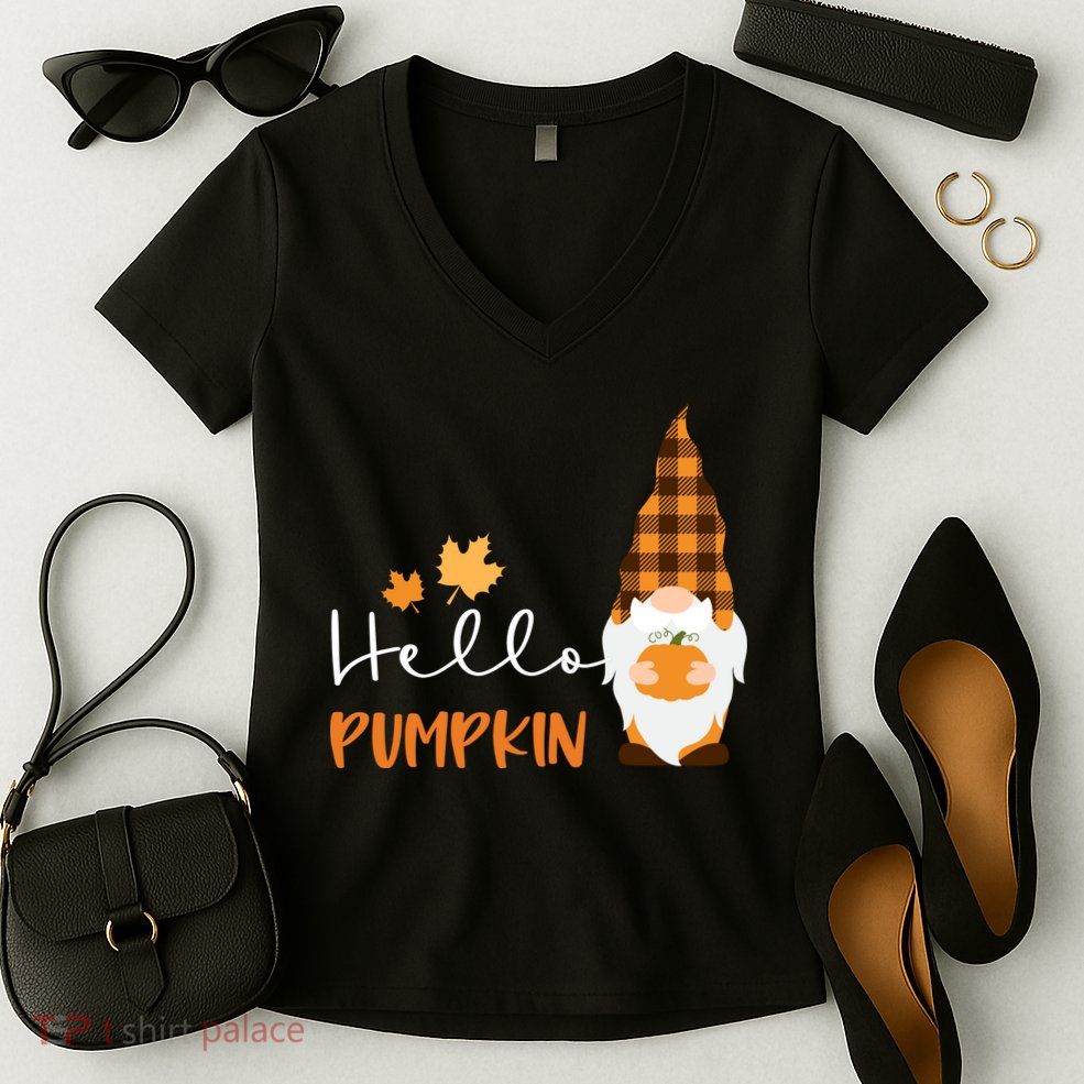 Hello Pumpkin Cute Gnome Fall Autumn Women's V-Neck T-Shirt