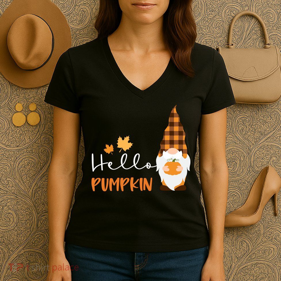 Hello Pumpkin Cute Gnome Fall Autumn Women's V-Neck T-Shirt