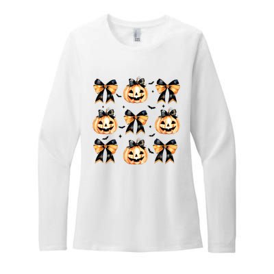 Halloween Pumpkin Coquette Bow Halloween Spooky Season Womens CVC Long Sleeve Shirt