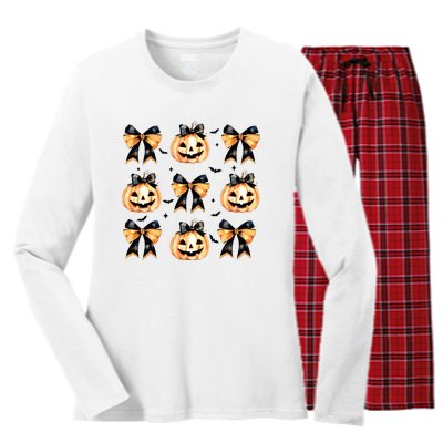 Halloween Pumpkin Coquette Bow Halloween Spooky Season Women's Long Sleeve Flannel Pajama Set 